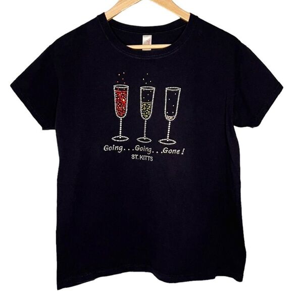 St. Kitt’s Going, Going…Gone! Bedazzled Short Sleeve Black T-Shirt. Tee. Medium. - Picture 1 of 7